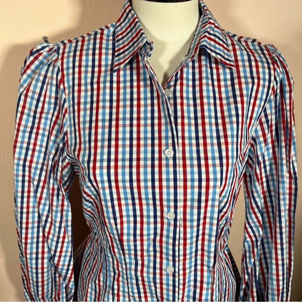 Greyson Gingham puff sleeve Peplum Feminine Western Buttondown shirt - Picture 6 of 17